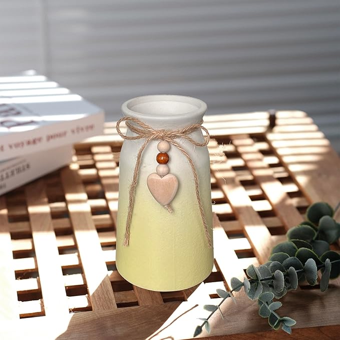 6-Inch Ceramic Flower Vase with Jute Rope & Heart Charm | Perfect for Boho, Farmhouse & Modern Home Décor, Yellow