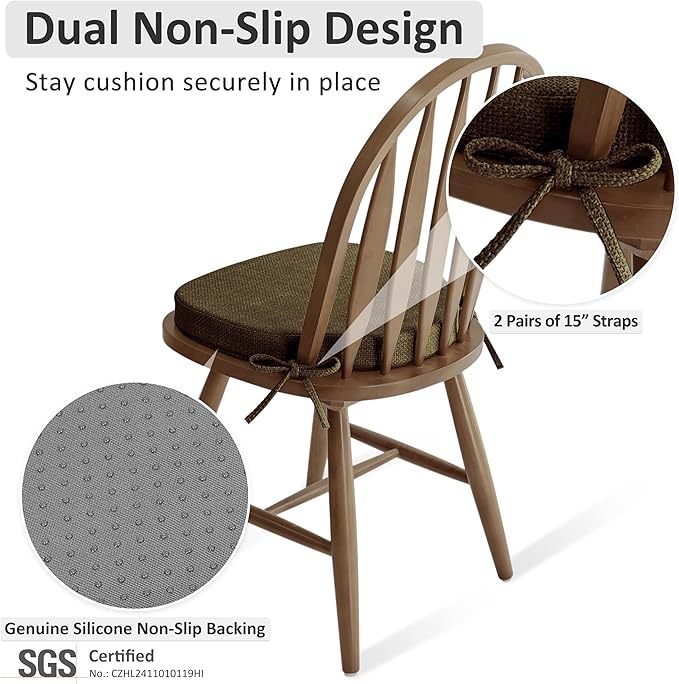 Shinnwa Dining Chair Cushions Set of 6, High-Resilience Foam Windsor Seat Pads, Kitchen Chair Cushions with Ties & Textured Cover, 6 Pack, 16.5 x 15.5 x 2, Dark Brown