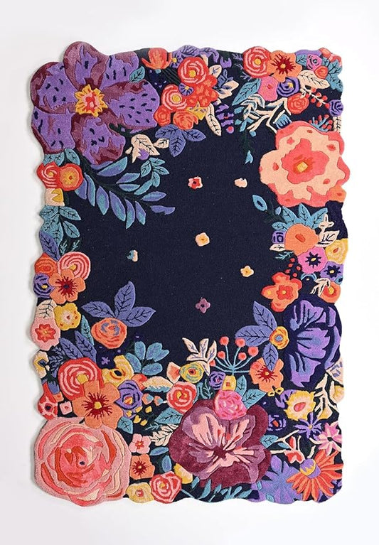 Handmade Irregular Floral Wool Area Rug Vibrant Multicoloured Garden Flower Design Soft Plush Durable Thick Carpet for Living Room Bedroom (Navy, 7 x 10 feet, Feet)