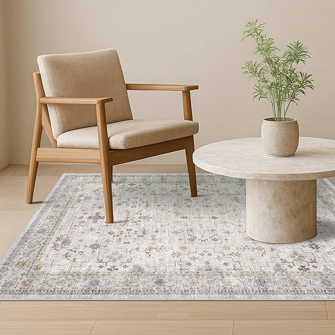 Light Gray Washable Rugs for Living Room - 4x8 Vintage Boho Eclectic Pastel, Washable Low Pile Non Slip Area Rug for Bedroom Beside Bed, Door Mat Indoor Entrance, Kitchen, Home Floor Decor