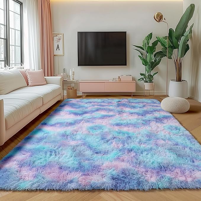 ONASAR Rainbow Rugs for Girls Bedroom, 5x8 Washable Fluffy Bedside Throw Area Rug, Soft Plush Shaggy Indoor Floor Carpet for Living Room Nursery Kids Boys Teen Dorm Home Office Decor Aesthetic