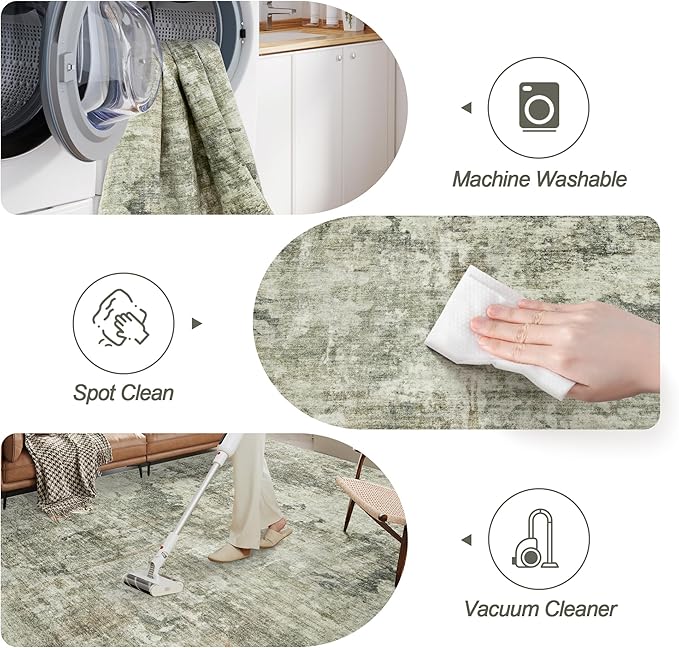 Area Rug 6x9 Abstract Living Room Washable Rugs Green Black Non Slip Low Pile Carpet for Bedroom Dining Room Foldable Thin