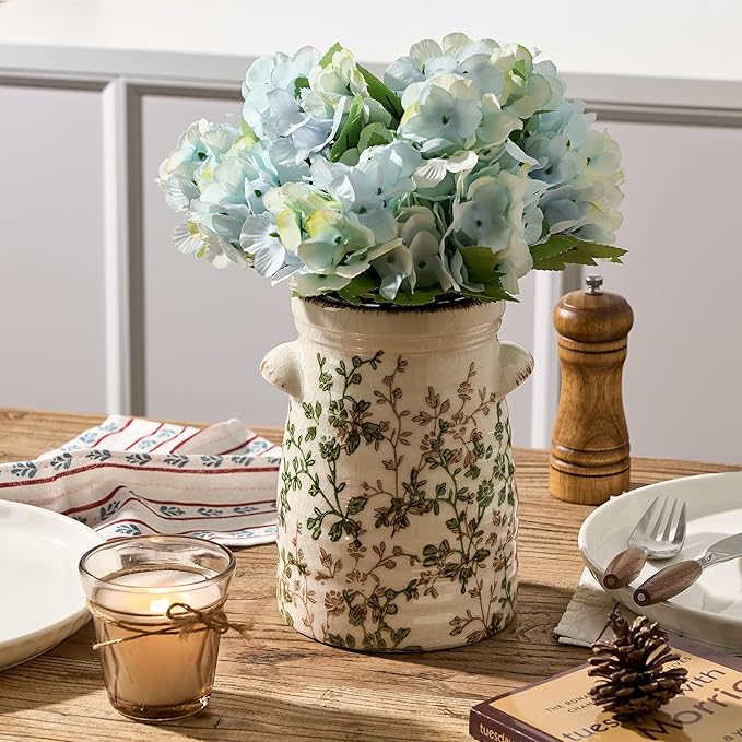 SIDUCAL Ceramic Green and Beige Retro Vase with Two-Ear, 7.6 Inch Ice Cracked Vintage Pastoral Vase, Rustic Farmhouse Vases for Home Decor, Table, Living Room, Shelf Decor, Chinoiserie Decor