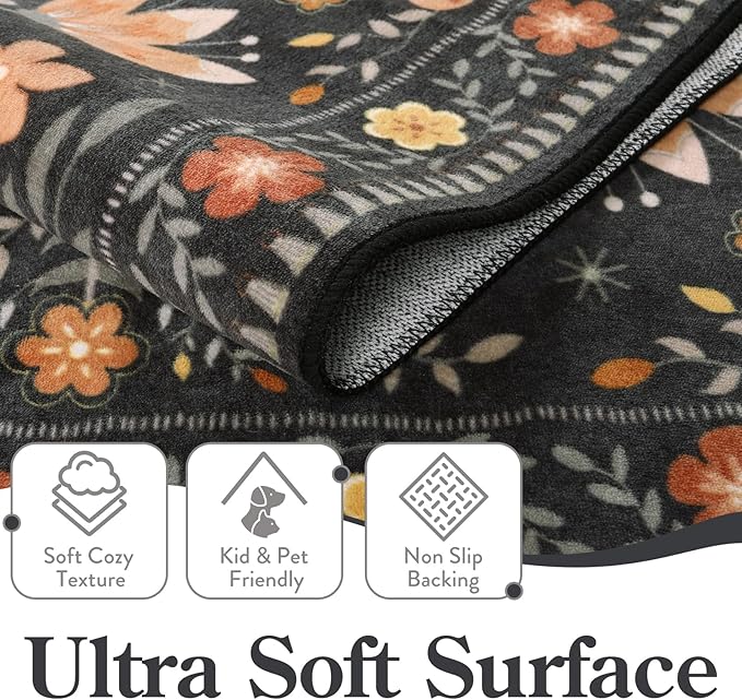 Moynesa Floral Bird Round Rug 6ft Washable Circle Rug Non Slip,Modern Transitional Black Area Rugs for Bedroom Reading Coner,Farmhouse Living Dining Room Aesthetic Carpet Folk Art Home Decor