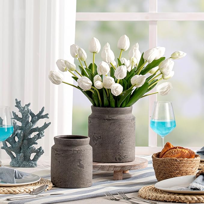 Ceramic Flower Vase 7.5 inch Farmhouse Rustic Vase for Home Decor Handcrafted Pottery Terracotta Vases for Dining Table Decor Fireplace Living Room Bathroom Wedding Centerpiece (01-Dark Brown)