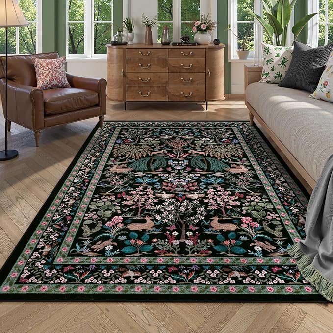 OJIA Living Room Rug 5x7 Area Rugs for Bedroom, Soft Black Washable Rugs Floral Animal Print Ultra-Thin Non-Slip Carpet Non-Shedding Indoor Boho Carpet Kids Rugs for Playroom Nursery Farmhouse