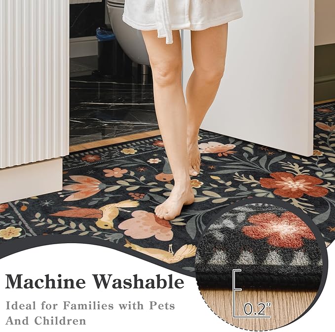 Moynesa Floral Bird Round Rug 6ft Washable Circle Rug Non Slip,Modern Transitional Black Area Rugs for Bedroom Reading Coner,Farmhouse Living Dining Room Aesthetic Carpet Folk Art Home Decor