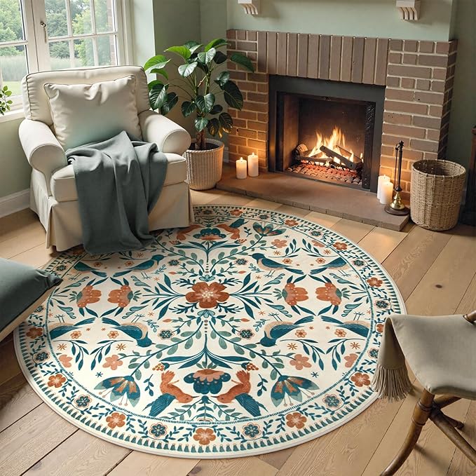 Moynesa Floral Bird Round Rug 6ft Washable Circle Rug Non Slip,Modern Bohemian Area Rugs for Bedroom Reading Coner,Farmhouse Living Dining Room Aesthetic Carpet Retro Home Decor