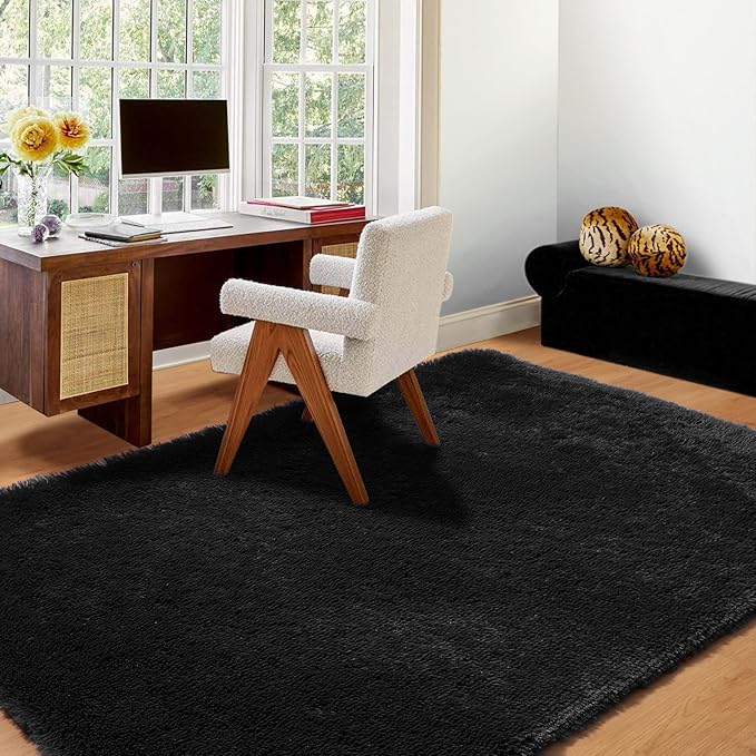 ONASAR Black Rugs for Bedroom, 3x5 Fluffy Bedside Small Area Rug, Washable Soft Plush Fuzzy Shaggy Indoor Floor Carpet for Living Room Nursery College Dorm Teen Kids Girls Boys Home Decor Aesthetic