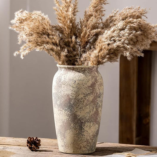 Vintage Ceramic Farmhouse Flower Large Vase, Rustic Terra Cotta Tall Floor Stone Vases, Pottery Decorative Flower Vase for Home Decor, Table, Living Room Decoration, Shelf Decor, Mantel, 9.8 Inch