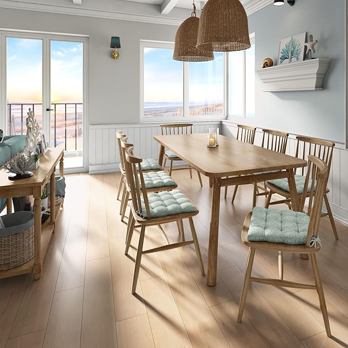 Barnett Home Decor Dining Chair Cushions with Ties – Size Medium 16.5 x 18 - Latex Foam Fill, 100% Cotton, Machine Washable Chair Pads for Kitchen Chairs, Made in USA (Tibet Spa/Pack of 2)