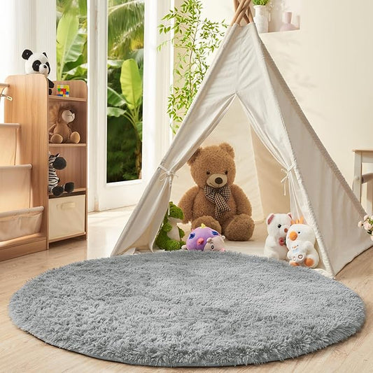OPPODREAM 4ft Light Grey Circle Rug for Bedroom, Ultra-Soft Round Rugs 4-ft for Living Room, Fluffy Carpet for Nursery, Kids, Girl, Boy, Baby, Plush, Fuzzy, Shag, Shaggy, Cute Home Decor
