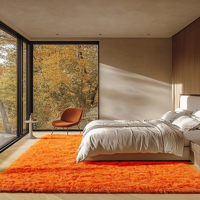 ONASAR Orange Area Rugs for Bedroom Living Room, Washable Fluffy 4x6 Indoor Bedside Floor Throw Rug, Soft Plush Shaggy Carpet for Nursery Kids Girls Boys Teen Dorm Home Office Decor Aesthetic