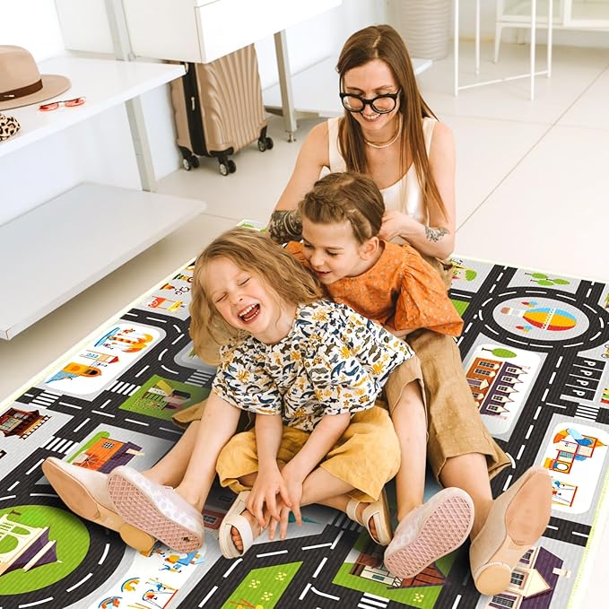 Kids Carpet Car Play Mat, 5'x8' Road Rug for Kids, City Life Educational Area Carpet with Non-Slip Track, Great Ideal Gift for Playroom Bedroom Boys Girls
