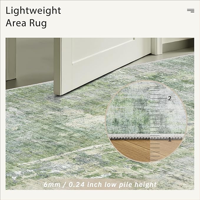 2x3 Abstract Washable Rugs for Kitchen, Floor, Entryway, Powder Room Small Area Rug Non-Slip Vintage Low Pile Throw Door Mat Green Ivory