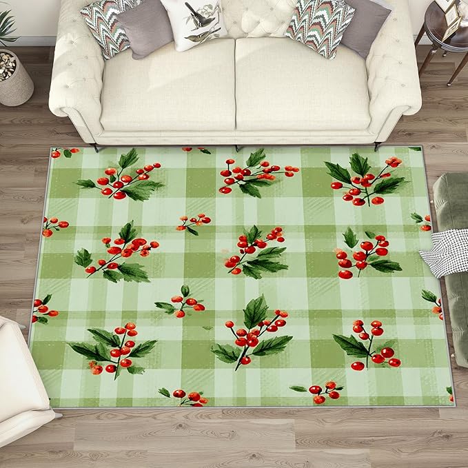 Christmas Area Rug, 4x5 Rug for Bedroom, Xmas Holly Berry Green Buffalo Plaid Washable Rugs for Living Room, Non Slip Soft Low Pile Stain Resistant Carpet, Rustic Farmhouse Room Decor