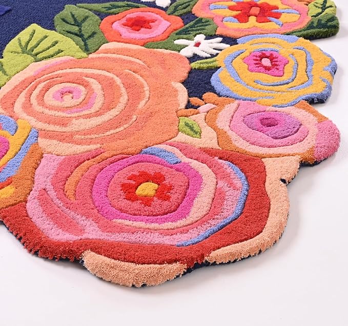 Handmade Irregular Floral Wool Area Rug Vibrant Multicoloured Garden Flower Design Soft Plush Durable Thick Carpet for Living Room Bedroom (Navy Blue, 8 x 11 feet, Feet)
