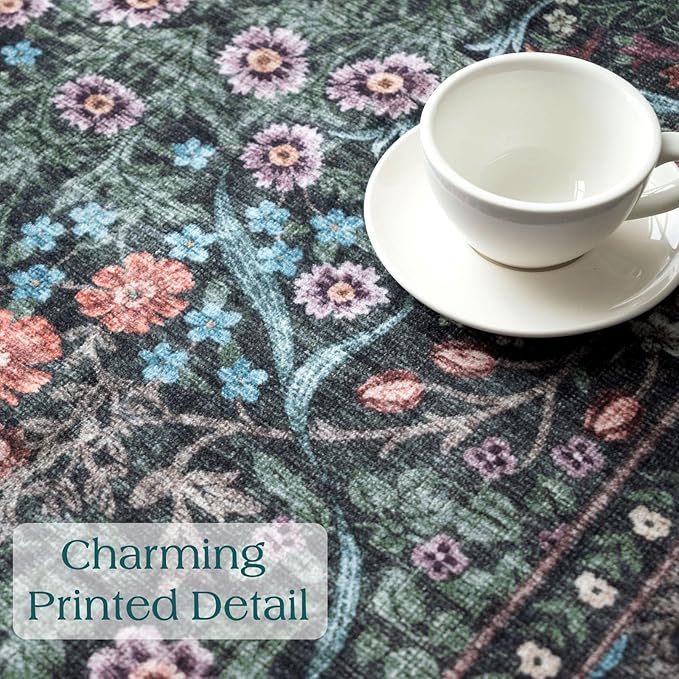 Boho Round Rugs 6ft - Soft Washable Black Green Floral Bedroom Circle Rug Stain Resistant Botanical Dining Room Rugs for Under Round Table Vintage Area Rug for Living Room Office Kid Room