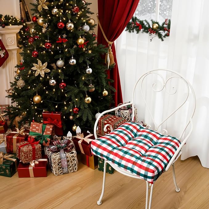 Geetery 4 Pack 4 Pack Chair Cushions for Dining Chair Kitchen Seat Pads with Ties Buffalo Plaid Soft Comfy Square Pads for Home, Outdoor, Patio, Room (Red,Green) (Red,Green)