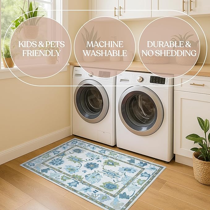 Fame Living Green Oushak Rug, Modern, Vintage, Turkish, Eclectic, Floral, Pastel, Washable, Area Rugs for Living Room, Dining, Bedroom, Nursery, Girls, Boys, 5'9"x8'9"