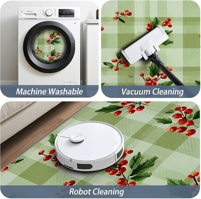 Christmas Area Rug, 7x9 Rug for Bedroom, Xmas Holly Berry Green Buffalo Plaid Washable Rugs for Living Room, Non Slip Soft Low Pile Stain Resistant Carpet, Rustic Farmhouse Room Decor