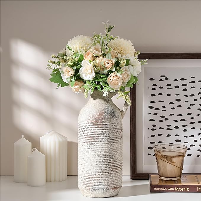 Ceramic Rustic Vase for Home Decor, Terracotta Vase with Handle, Handcrafted Vintage Decorative Flower Vase for Farmhouse, Living Room, Table, Fireplace, Nightstand - Natural Brown