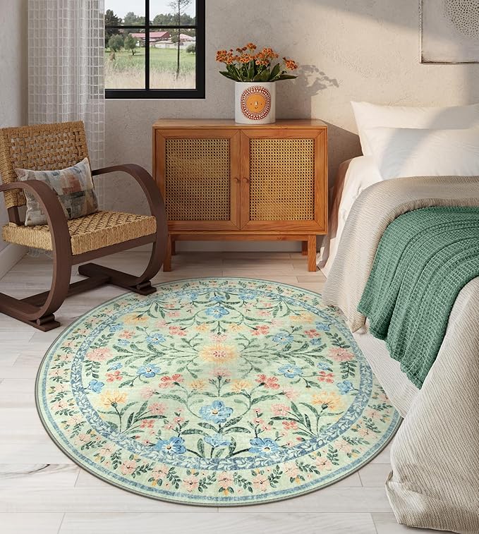 Lahome Green Round Rug for Bedroom 4ft, Sage Washable Small Kids Bathroom Circle Rug, Boho Nursery Circular Carpet Girl, Soft Non-Slip Carpet for Kids Room Sunroom