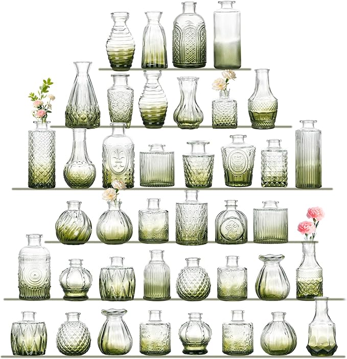 Green Bud Vases Set of 40, Mini Flower Vase for Centerpieces, Small Glass Bud Vases in Bulk for Wedding Decorations, Vintage Vase for Table, Recepetion, Home Décor