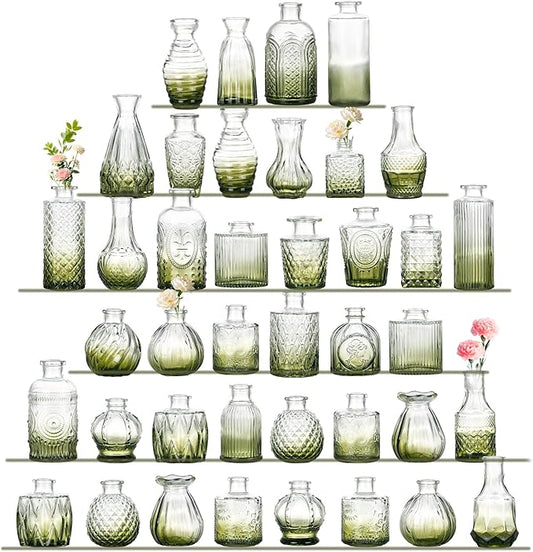 Green Bud Vases Set of 40, Mini Flower Vase for Centerpieces, Small Glass Bud Vases in Bulk for Wedding Decorations, Vintage Vase for Table, Recepetion, Home Décor