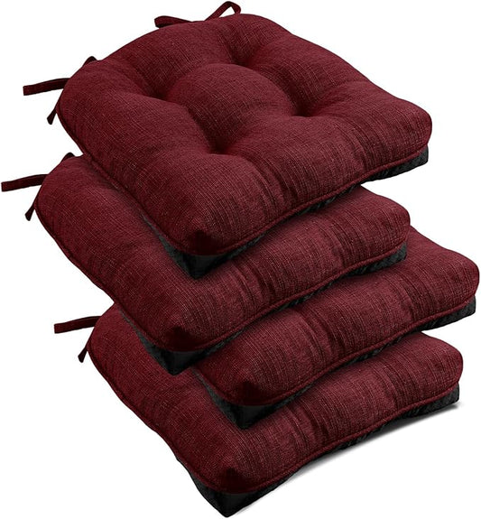 downluxe Indoor Chair Cushions for Dining Chairs, Tufted Overstuffed Textured Foam Kitchen Chair Pads with Ties and Non-Slip Backing, 15.5" x 15.5" x 4", Burgundy, 4 Pack