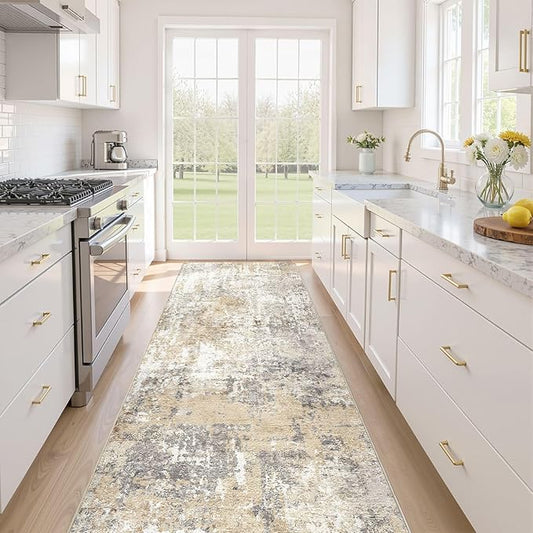 Runner Rug Kitchen Washable Rugs: 3x8 Non-Slip Abstract Soft Modern Stain Resistant Indoor Floor Neutral Accent Throw Carpet for Hallway Bathroom Laundry Room Entryway Bedroom- Gray Gold