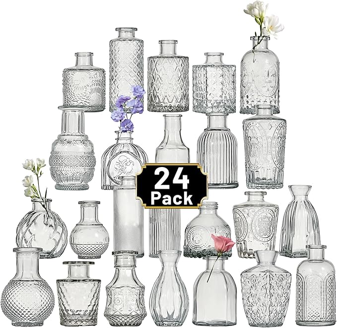 Glass Bud Vase Set of 24 Pcs Small Minimalist Vases for Flowers, Vintage Rustic Home Decor for Table Centerpiece Wedding Party, Modern Clear Aromatherapy Bottle for Living Room Bedroom