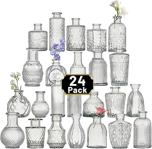 Glass Bud Vase Set of 24 Pcs Small Minimalist Vases for Flowers, Vintage Rustic Home Decor for Table Centerpiece Wedding Party, Modern Clear Aromatherapy Bottle for Living Room Bedroom