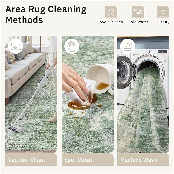 2x3 Abstract Washable Rugs for Kitchen, Floor, Entryway, Powder Room Small Area Rug Non-Slip Vintage Low Pile Throw Door Mat Green Ivory