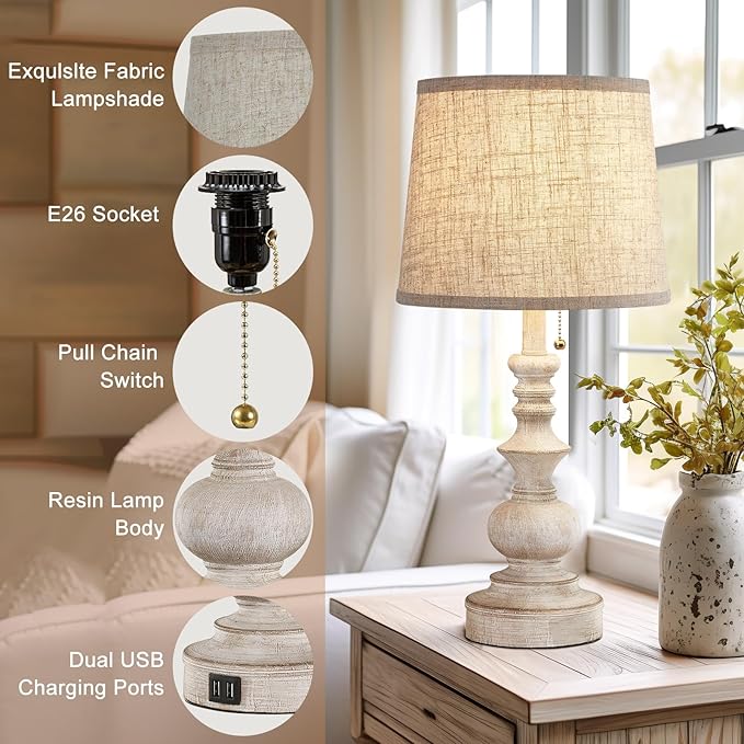Table Lamps for Bedrooms Set of 2 Farmhouse Bedside Lamps for Nightstand with USB Charging Ports Traditional Side Table Lamps for Living Room Wooden Finish, Pull Chain, Bulbs Not Included