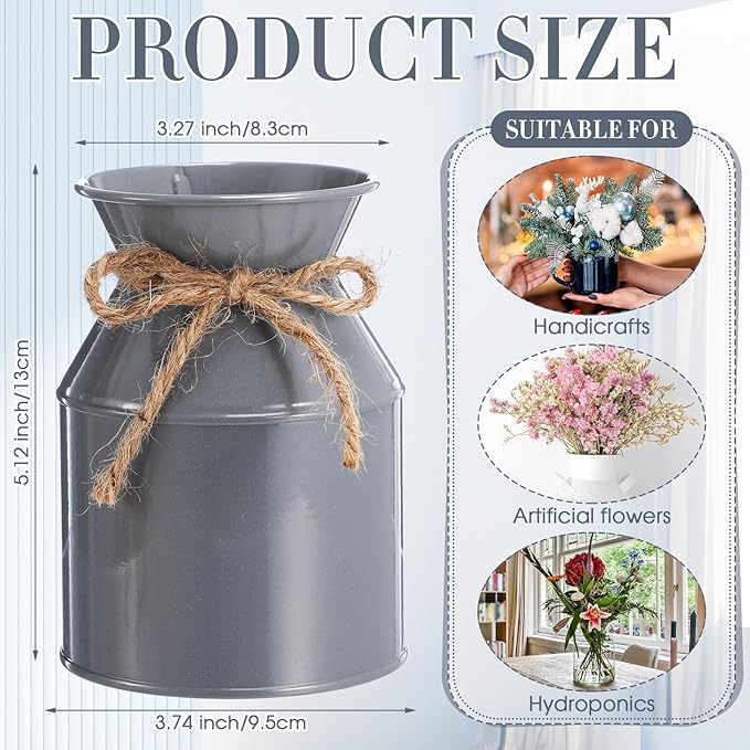 Domensi 5.12 Inch Farmhouse Metal Flower Vase Decor Rustic Galvanized Milk Can Jug Vase with Bow Flower Buckets for Table Centerpiece Fall Halloween Wedding Home Dinging Room Decor(Gray,6 Pcs)