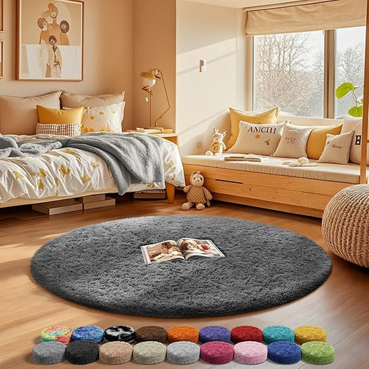 Ophanie Round Rugs 3Ft Grey Circle Area Rug,Christmas Room Decor, Aesthetic Nursery Bedroom Carpet, Fluffy Fuzzy Plush Soft Shaggy Gray Living Room Rugs for Kids Boys Girls Teen Baby Home, Dorm