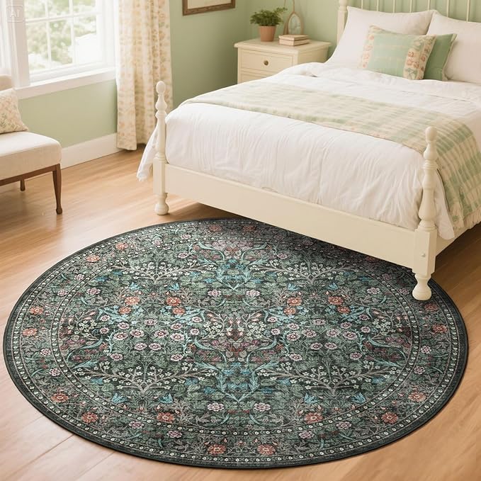 Boho Round Rug 4ft - Soft Washable Black Green Floral Round Bathroom Rug Non Slip Stain Resistant Vintage Botanical Circle Area Rugs for Living Room Bedroom Entryway Dining Room Office Nursery