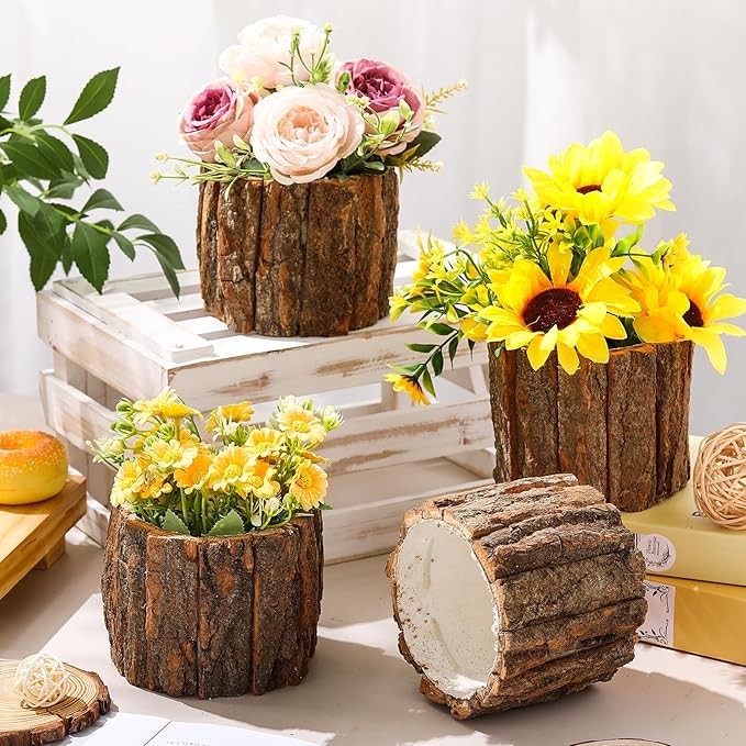 6 Pcs Wooden Vase for Centerpieces Christmas Table Decor Wooden Flower Vase Rustic Bark Stump Buckets Vintage Wood Planter Pots for Xmas Woodland Party Wedding Window Home Farmhouse