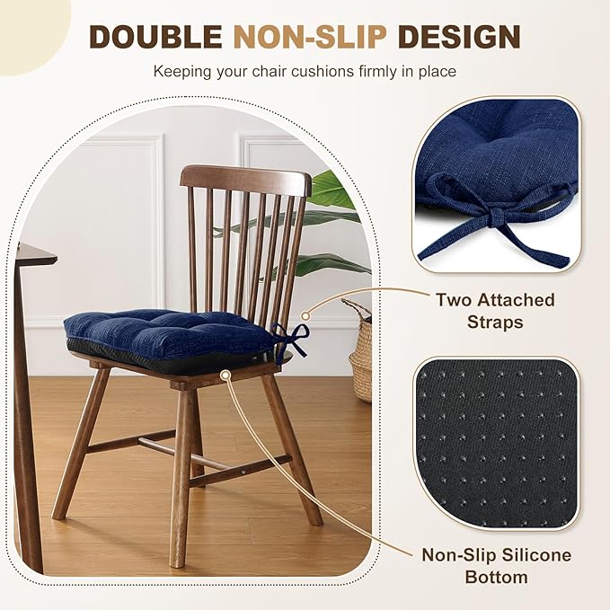 downluxe Indoor Chair Cushions for Dining Chairs, Tufted Overstuffed Textured Foam Kitchen Chair Pads with Ties and Non-Slip Backing, 15.5" x 15.5" x 4", Royal Blue, 4 Pack