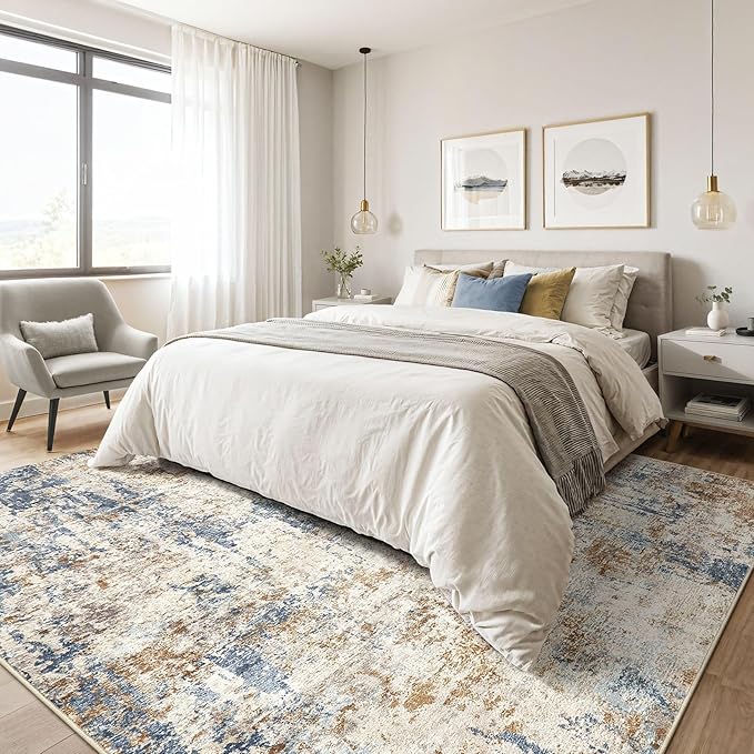 6x8Ft Area Rug Washable Rugs: Living Room Large Abstract Modern Soft Stain Resistant Indoor Floor Non-Slip Accent Carpet for Bedroom Nursery Playroom Office Dining Room Dorm Home House- Tan