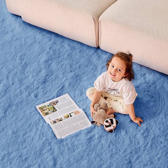 OPPODREAM 4ft Blue Circle Rug for Bedroom, Ultra-Soft Round Rugs 4-ft for Living Room, Fluffy Carpet for Nursery, Kids, Girl, Boy, Baby, Plush, Fuzzy, Shag, Shaggy, Cute Home Decor