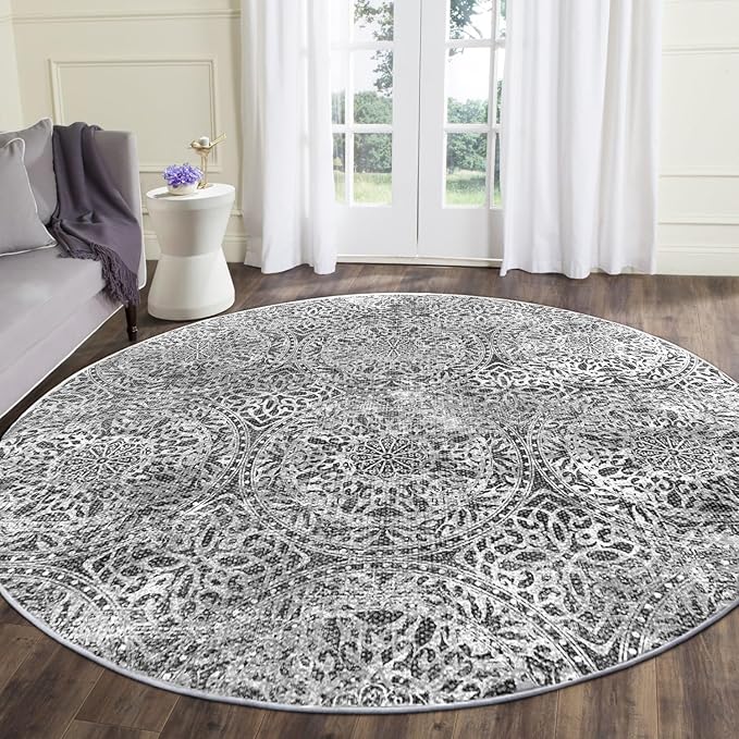 vivorug Round Rug 5ft Vintage-Inspired Round Area Rug Non-Slip Indoor Carpet for Living Room Bedroom Entryway, Stain Resistant Home Decor Circle Rug, Grey Medallion