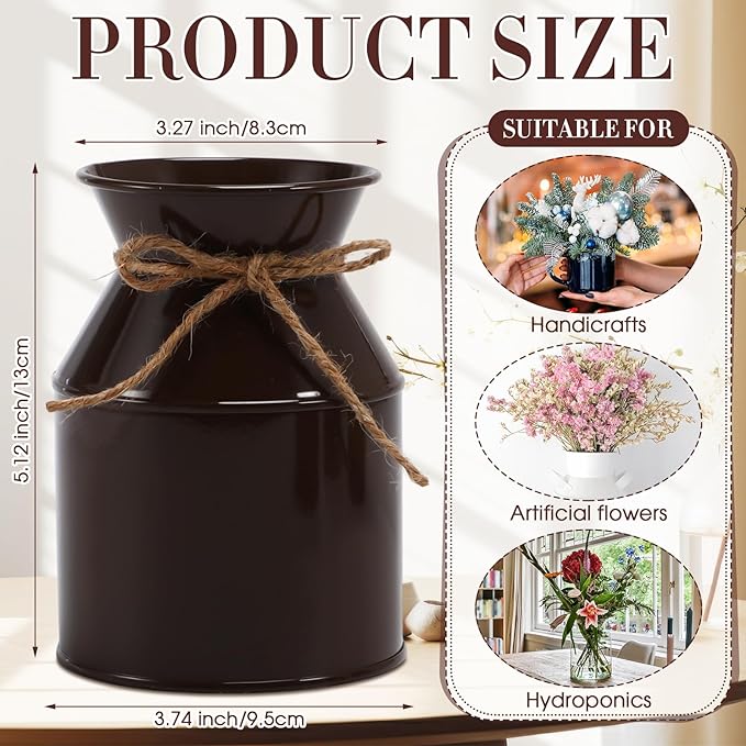 Domensi 5.12 Inch Farmhouse Metal Flower Vase Decor Rustic Galvanized Milk Can Jug Vase with Bow Flower Buckets for Table Centerpiece Fall Halloween Wedding Home Dinging Room Decor(Brown,12 Pcs)