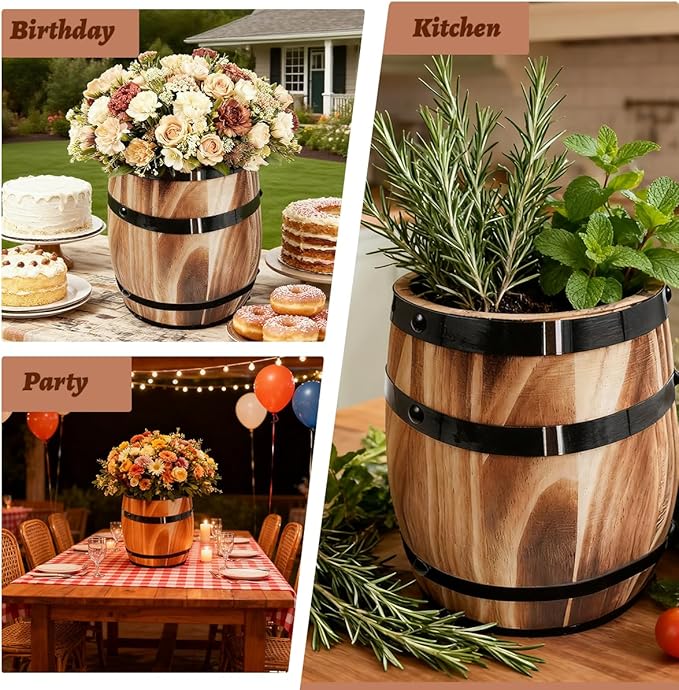 Sunmuliiiy2Pcs Wood Wine Barrel Vase 8" x 6.5" Rustic Wooden Flower Vase Rustic Barrel Barrel Planter for Wedding Reception Table Decoration Home Indoor Outdoor Garden, Kitchen, Party Table Decoration