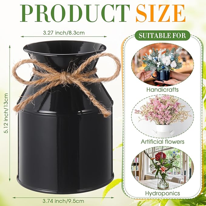 Domensi 5.12 Inch Farmhouse Metal Flower Vase Decor Rustic Galvanized Milk Can Jug Vase with Bow Flower Buckets for Table Centerpiece Fall Halloween Wedding Home Dinging Room Decor(Black,12 Pcs)