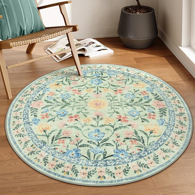 Lahome Green Round Rug for Bedroom 4ft, Sage Washable Small Kids Bathroom Circle Rug, Boho Nursery Circular Carpet Girl, Soft Non-Slip Carpet for Kids Room Sunroom