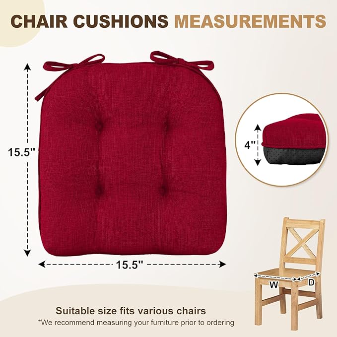downluxe Indoor Chair Cushions for Dining Chairs, Tufted Overstuffed Textured Foam Kitchen Chair Pads with Ties and Non-Slip Backing, 15.5" x 15.5" x 4", Red, 6 Pack