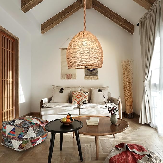 1 Light Boho Chandelier Rattan Dining Lighting Fixture, 13.77''W Woven Hemp Rope Kitchen Pendant Light, Coastal Wicker Natural Ceiling Hanging Lamp Crafts Lampshade for Bedroom Living Room