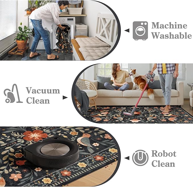 Moynesa Floral Bird Round Rug 6ft Washable Circle Rug Non Slip,Modern Transitional Black Area Rugs for Bedroom Reading Coner,Farmhouse Living Dining Room Aesthetic Carpet Folk Art Home Decor